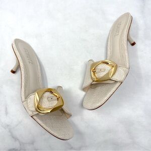 NEW Schutz Olga 55 Brushed Buckle Textured Linen Canvas Kitten Heel Sandals 6